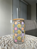 Smiley Face + Flowers Glass
