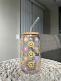 Smiley Face + Flowers Glass
